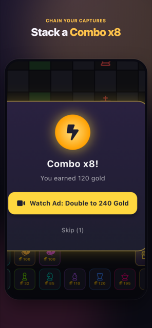 Combo x8 reward popup showing 120 gold earned with an option to double it