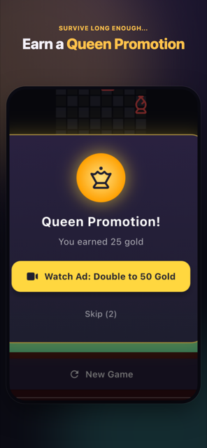 Queen Promotion reward popup showing 25 gold earned with an option to double it