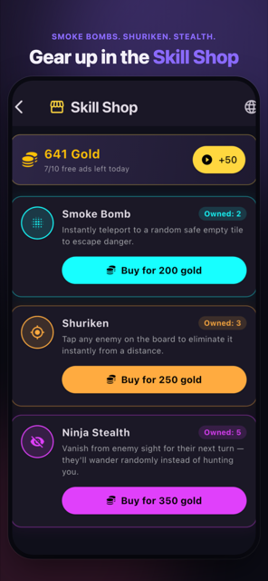 Skill Shop screen with Smoke Bomb, Shuriken, and Ninja Stealth abilities available for purchase with gold