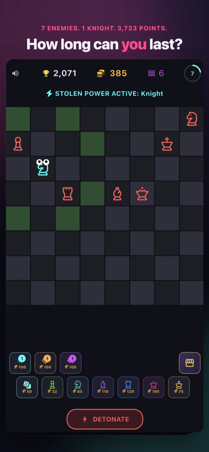 Chess Ninja gameplay screen showing wave 15, a stolen Knight power, and a Detonate skill button