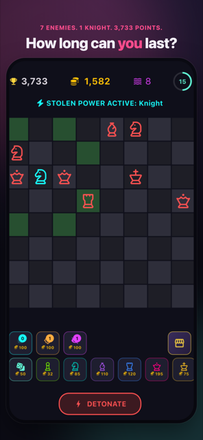 Chess Ninja gameplay screen showing wave 15, a stolen Knight power, and a Detonate skill button